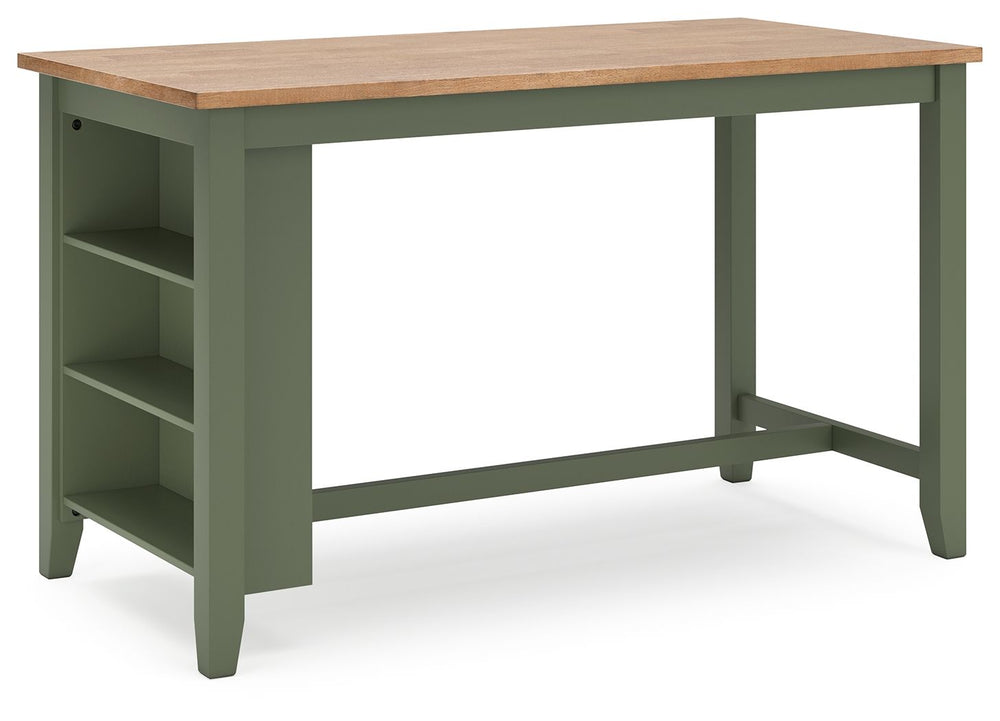 Complement your homeâ€™s simply relaxed sensibility with this counter height dining table. A charming green hue offers a chic contrast to the natural wood tone, for a casual look that vibes with a variety of aesthetics. Built-in storage shelves keep kitch