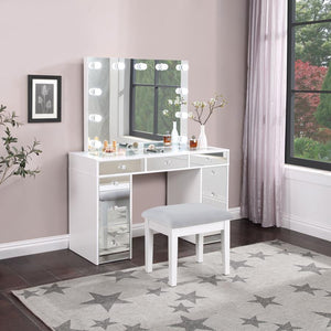  adding this three-piece white finish vanity set to a modern bedroom. Wood products construction with mirrored drawer fronts and a gray upholstered stool cushion team