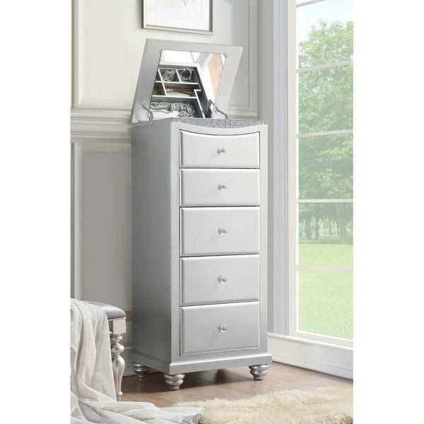 5 Drw, Flip Top Mirror w/Jewelry Storage Drawer: Arched Top Drawer, GLIDE Side Metal (Undermount, Full Ext. ), DOVETAIL French Front & English Back, FELT-LINED TOP Drawer, Safety Stop, Self-Closing, Hardware: Single Knob (Crystal like) CONSTRUCTION Wooden