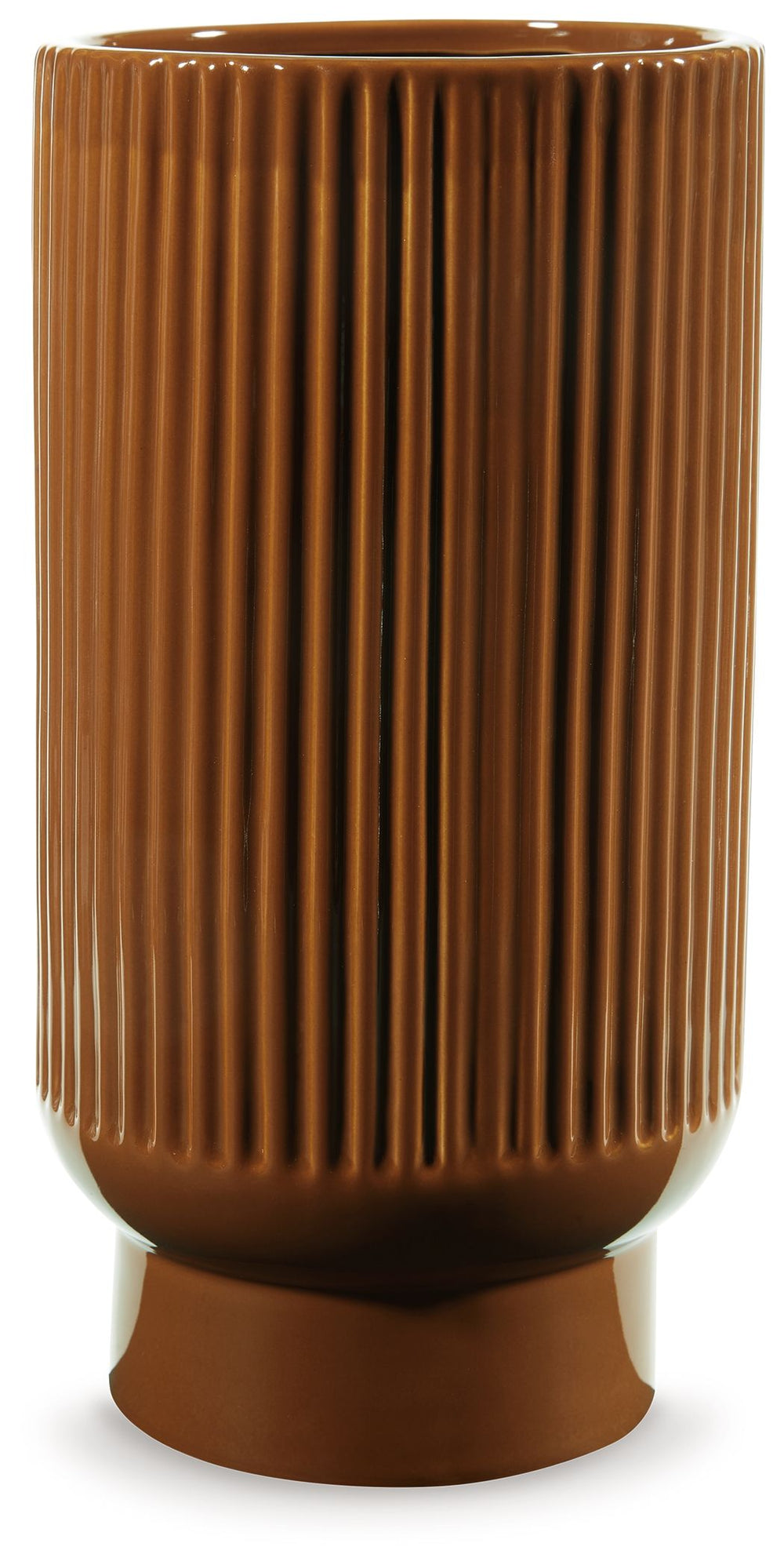 This ceramic vase makes a relaxed style statement. Its casual design and earthy burnt umber glaze complement your laid-back sensibilities. Delightfully simple and simply delightful, this vase subtly wows on its own or when filled with your favorite flower