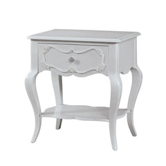 1 Drw KD Leg Rectangular Leg Table with Bottom Shelf Scalloped Apron & Shelf Drawer: Front with Scrolled & Rose Inlay Detail, Wooden Side Drw Glide, 3/4 Ext., Dovetail, Lined Floral Paper, Hdw: Nickel Rose Metal Cabriole Wooden Leg