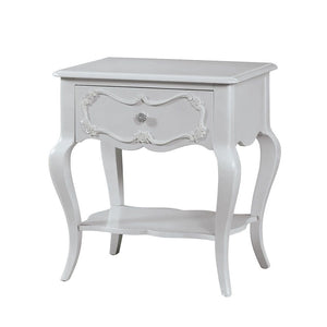 1 Drw KD Leg Rectangular Leg Table with Bottom Shelf Scalloped Apron & Shelf Drawer: Front with Scrolled & Rose Inlay Detail, Wooden Side Drw Glide, 3/4 Ext., Dovetail, Lined Floral Paper, Hdw: Nickel Rose Metal Cabriole Wooden Leg