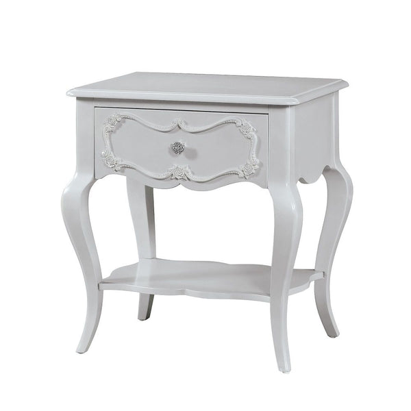 1 Drw KD Leg Rectangular Leg Table with Bottom Shelf Scalloped Apron & Shelf Drawer: Front with Scrolled & Rose Inlay Detail, Wooden Side Drw Glide, 3/4 Ext., Dovetail, Lined Floral Paper, Hdw: Nickel Rose Metal Cabriole Wooden Leg