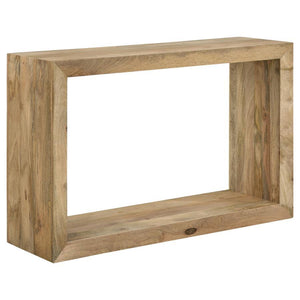 Embracing the very soul of natural design principles, add functional elegance to your space with this console table, crafted from solid mango wood. The natural finish emphasizes the unique wood grain patterns, offering a warm and organic aesthetic. Its re
