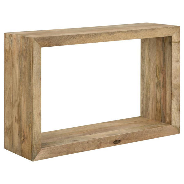 Embracing the very soul of natural design principles, add functional elegance to your space with this console table, crafted from solid mango wood. The natural finish emphasizes the unique wood grain patterns, offering a warm and organic aesthetic. Its re