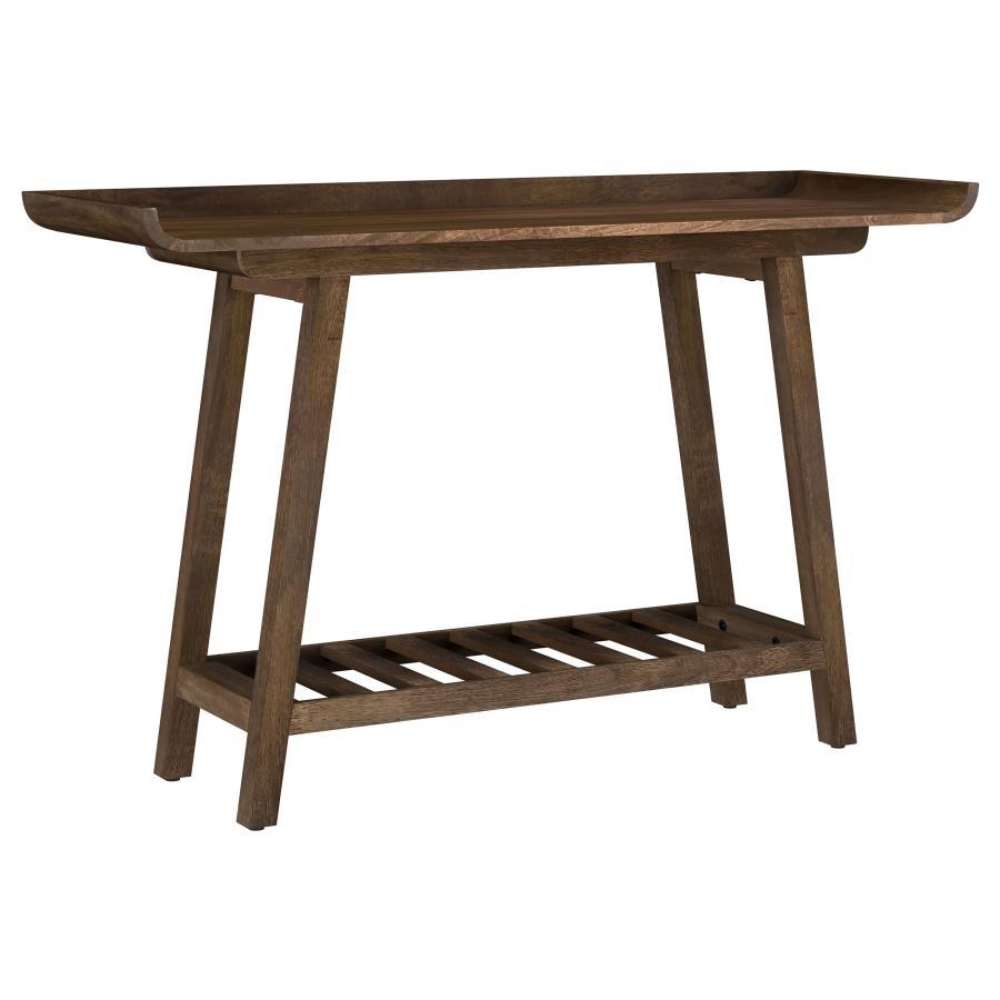 Introduce a touch of warmth and natural charm into your home with this solid mango wood console table. Its distinctive tray-style top features subtly raised edges, providing both a secure surface for dÃ©cor and a practical spot to keep everyday essentials