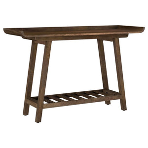 Introduce a touch of warmth and natural charm into your home with this solid mango wood console table. Its distinctive tray-style top features subtly raised edges, providing both a secure surface for dÃ©cor and a practical spot to keep everyday essentials
