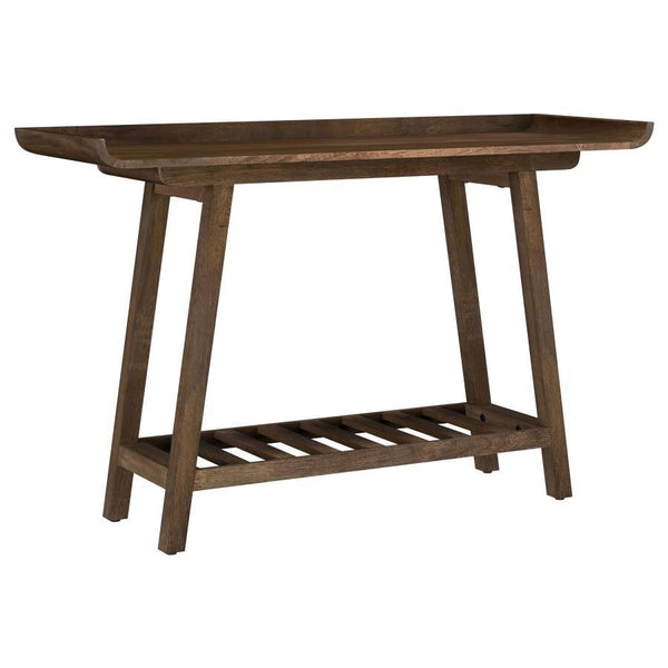 Introduce a touch of warmth and natural charm into your home with this solid mango wood console table. Its distinctive tray-style top features subtly raised edges, providing both a secure surface for dÃ©cor and a practical spot to keep everyday essentials