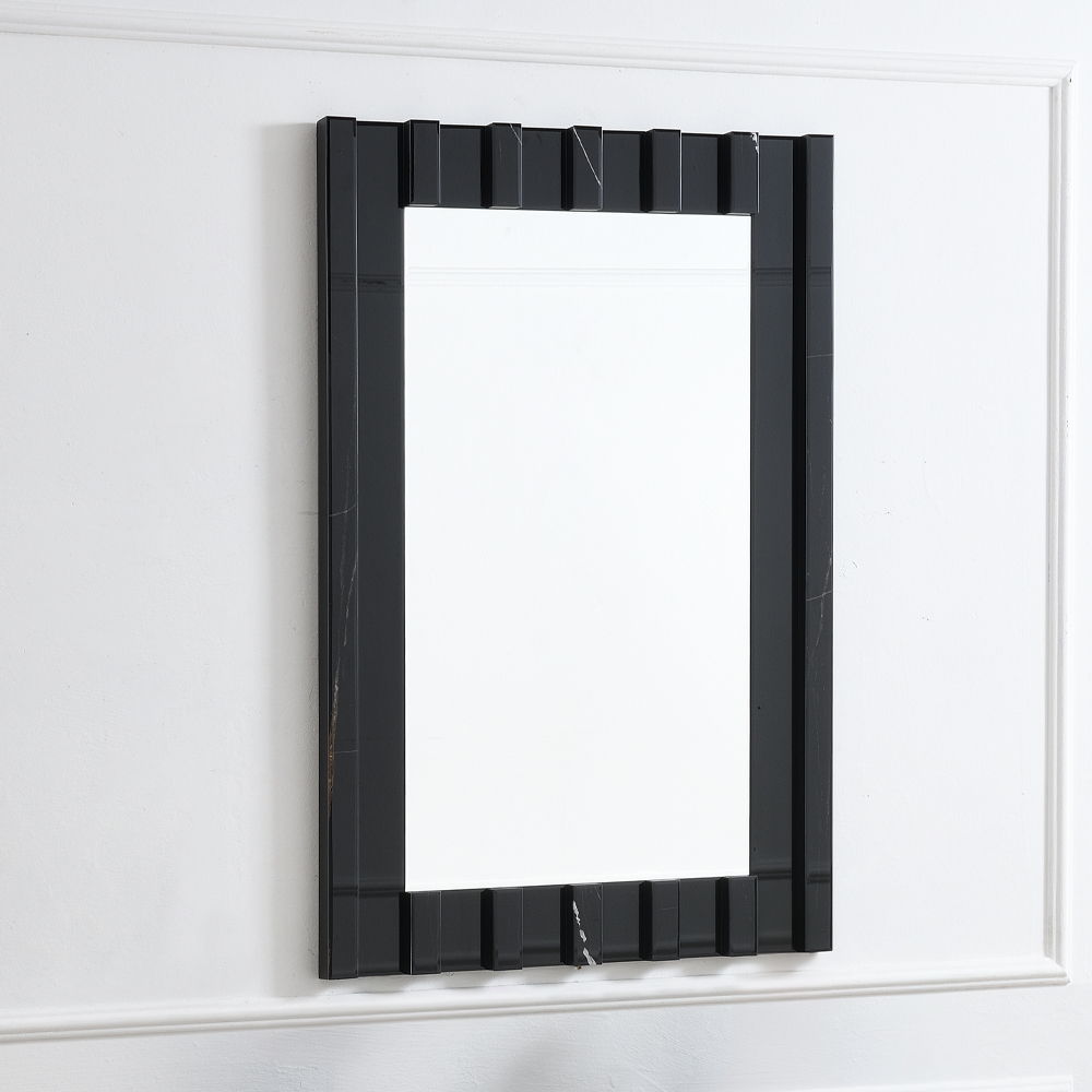 Drisana collection console table and accent mirror exudes modern elegance with its sleek black mirrored finish and marble grain design. This sophisticated pair adds a touch of luxury to any entryway or living space, providing both style and functionality.