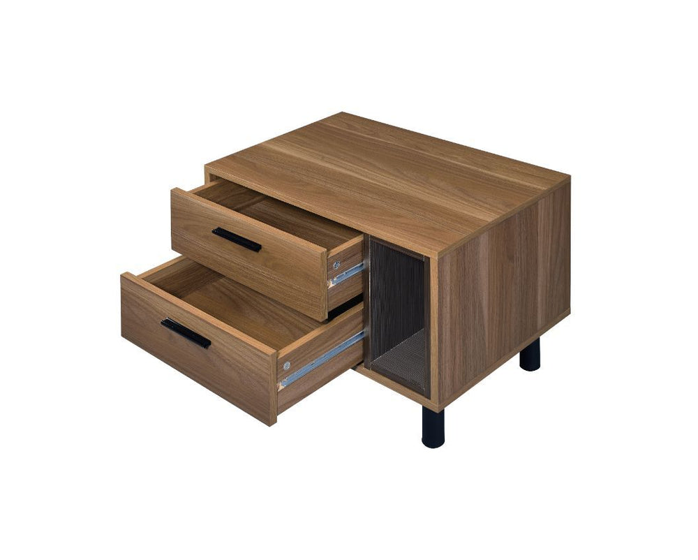 Minimalist wooden frame with some metal accents brings a soft industrial vibe that makes your decor feel breezy and fresh. The accent table is finished in a brown oak for a warm wood tone, sitting atop black metal legs which employ a sense of industrial r