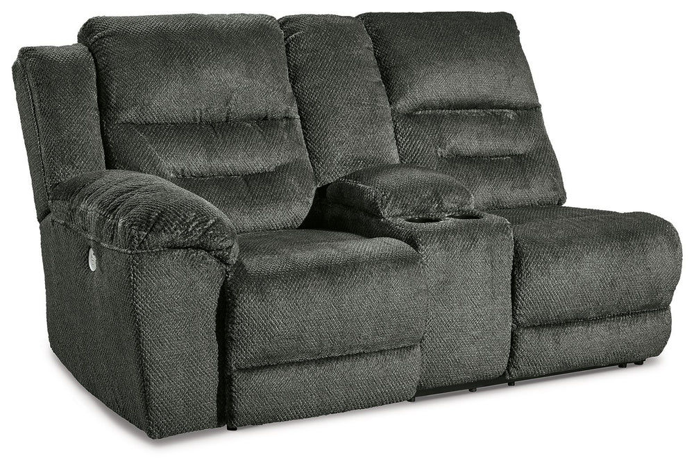 This left-arm facing power reclining loveseat with console is made with polyester upholstery. Pairs with other items in the series to make a sectional.<br><br><b>Additional Dimensions</b><br><ul><li>Arm height: 27-"</li><li>Seat depth: 22-"</li><li>Seat h