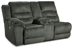 This left-arm facing power reclining loveseat with console is made with polyester upholstery. Pairs with other items in the series to make a sectional.<br><br><b>Additional Dimensions</b><br><ul><li>Arm height: 27-"</li><li>Seat depth: 22-"</li><li>Seat h