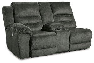 This left-arm facing power reclining loveseat with console is made with polyester upholstery. Pairs with other items in the series to make a sectional.<br><br><b>Additional Dimensions</b><br><ul><li>Arm height: 27-"</li><li>Seat depth: 22-"</li><li>Seat h