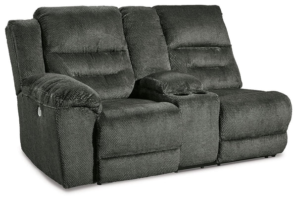 This left-arm facing power reclining loveseat with console is made with polyester upholstery. Pairs with other items in the series to make a sectional.<br><br><b>Additional Dimensions</b><br><ul><li>Arm height: 27-"</li><li>Seat depth: 22-"</li><li>Seat h