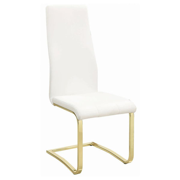  supported by sturdy gold electroplated metal legs for a luxurious touch. Upholstered in smooth white faux leather