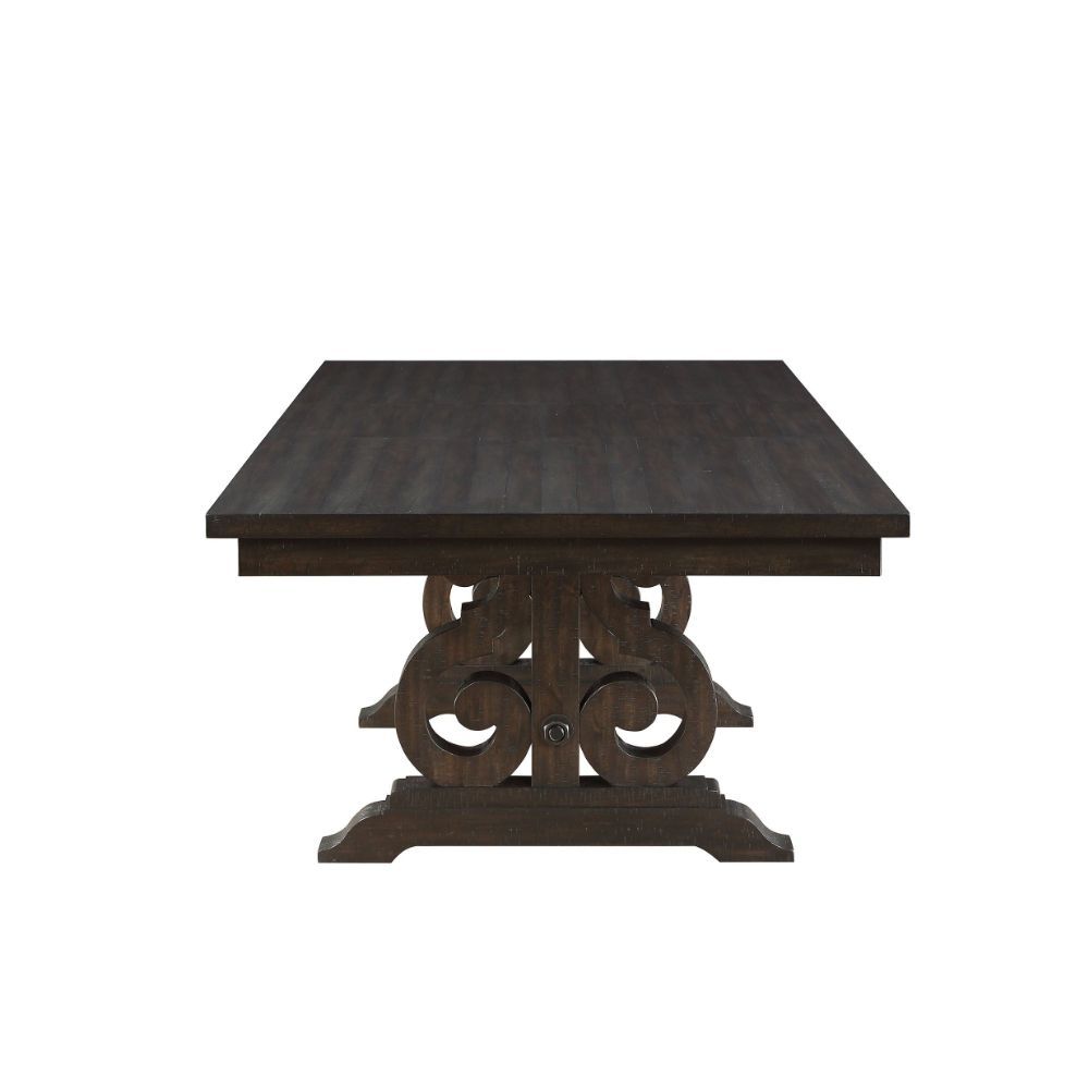 Combining classic and contemporary elements, the bold curves of the Maisha dining table provide both an elegant contrast and a unique look to any dining area. The beautiful rectangular trestle table features a wood base with decorative scrolled motifs in 