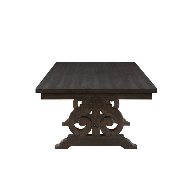  the bold curves of the Maisha dining table provide both an elegant contrast and a unique look to any dining area. The beautiful rectangular trestle table features a wood base with decorative scrolled motifs in 