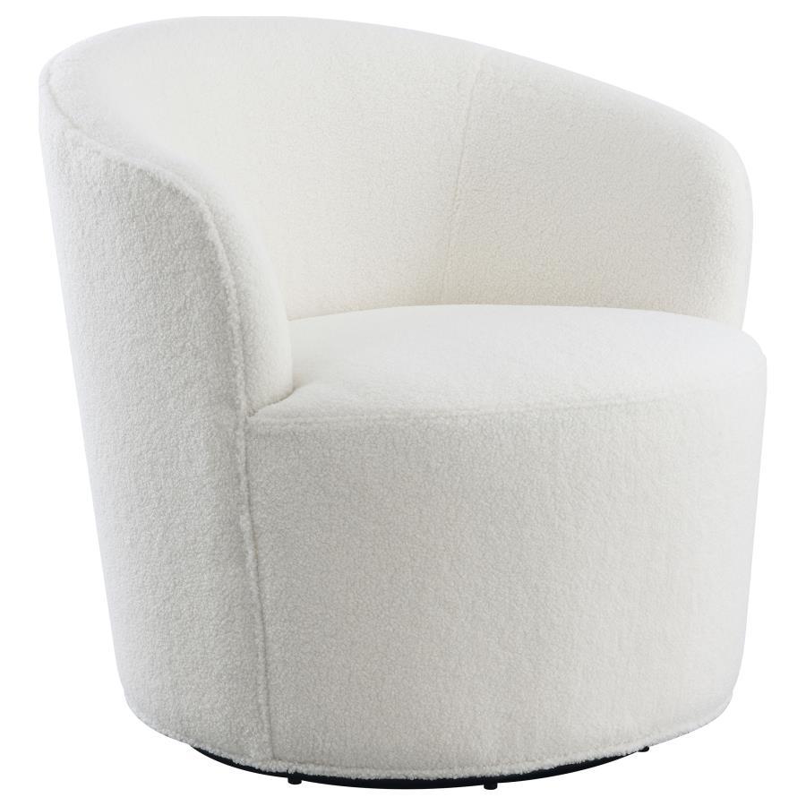 Compact in silhouette but overflowing with style, this contemporary accent chair is a perfect choice for a bedroom or living room sitting area. Its rounded, barrel-inspired silhouette swivels for 360-degree seating perfect for multi-functional spaces. The