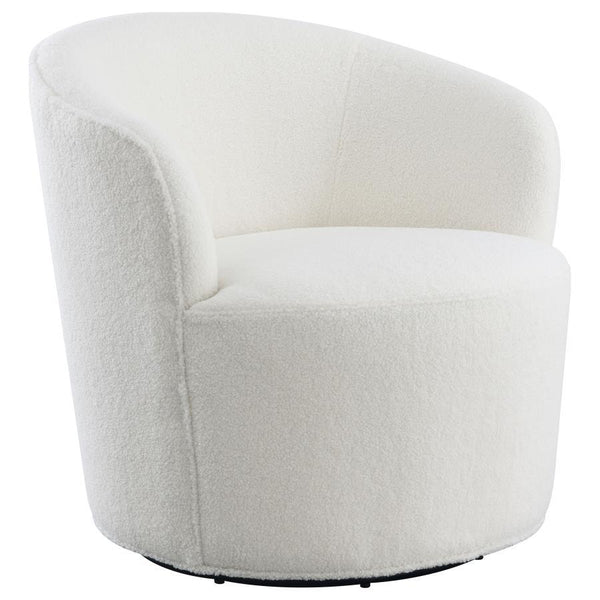 Compact in silhouette but overflowing with style, this contemporary accent chair is a perfect choice for a bedroom or living room sitting area. Its rounded, barrel-inspired silhouette swivels for 360-degree seating perfect for multi-functional spaces. The