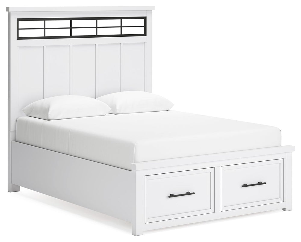 This queen panel storage bed delivers casual style with substance. An inset metal detail on the headboard displays a unique take on modern farmhouse design. The bed-'s sturdy silhouette, classic white finish and black pulls exude a comfortably cozy vibe i