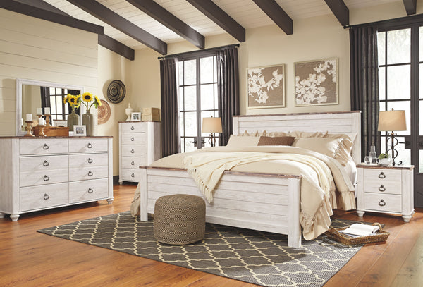 Two-tone finish in white wash replicated worn through paint with authentic touch and a replicated wood grained block pattern with authentic touch. Large scaled shapely bedroom collection features bun feet. Ring pull hardware in an antique brass color, acc