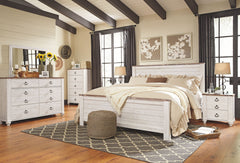 Willowton - 7 Pc. - Dresser, Mirror, King Panel Bed, 2 Nightstands - Whitewash
