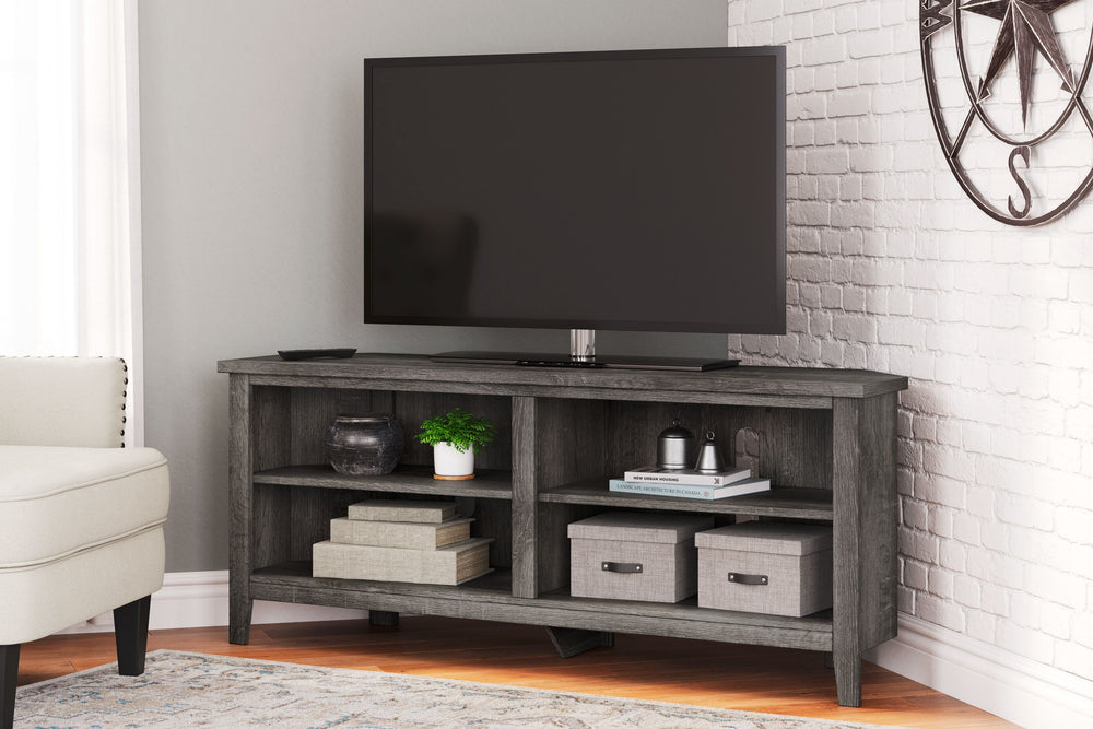 With its replicated weathered oak finish and authentic charm, this corner TV stand is right in tune with your relaxed approach to high style. Beautifully shaped to nestle into any corner, itâ€™s well equipped with shelving and cutouts for wire management.