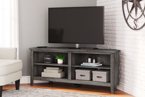  this corner TV stand is right in tune with your relaxed approach to high style. Beautifully shaped to nestle into any corner