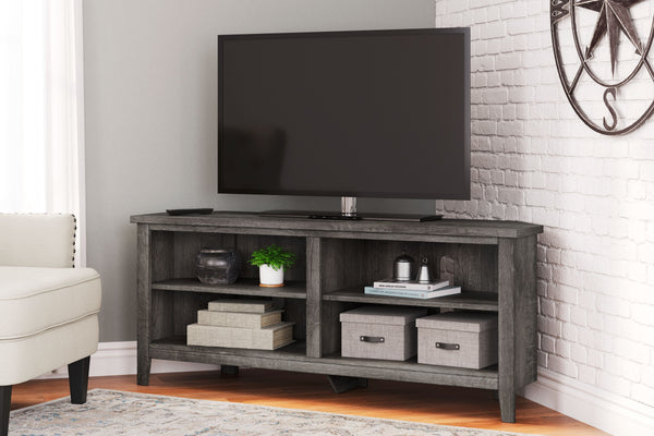  this corner TV stand is right in tune with your relaxed approach to high style. Beautifully shaped to nestle into any corner