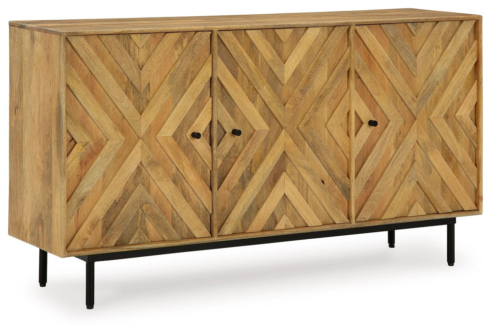 Your search for simple, chic design ends here. A versatile stunner, this accent cabinet adds a sophisticated aesthetic with diamond-patterned drawer fronts and a warm natural finish. It-'s gorgeous and ready to serve as a buffet or console.<br><br><b>Addi