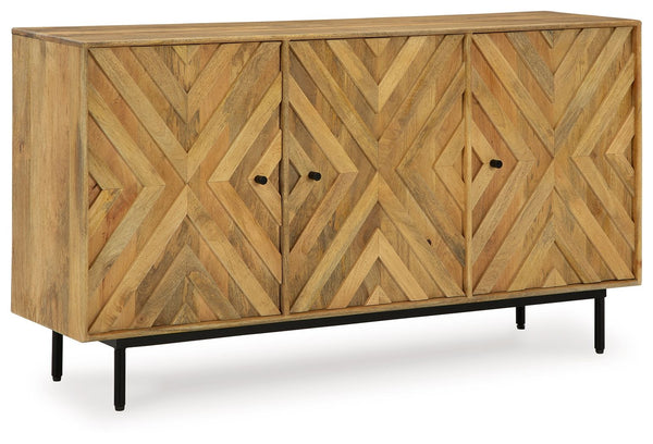 Your search for simple, chic design ends here. A versatile stunner, this accent cabinet adds a sophisticated aesthetic with diamond-patterned drawer fronts and a warm natural finish. It-'s gorgeous and ready to serve as a buffet or console.<br><br><b>Addi