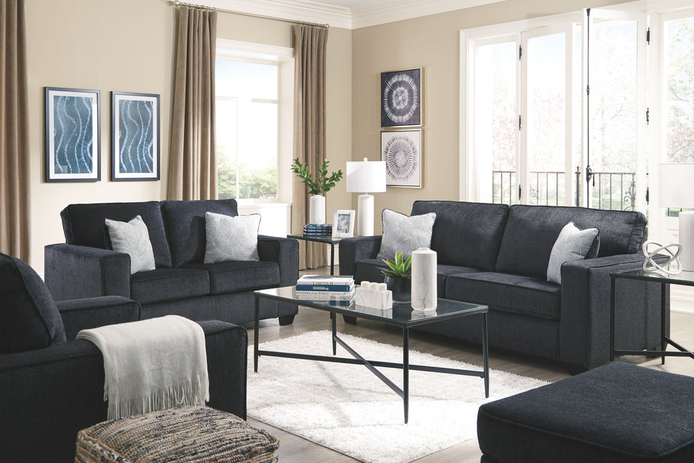 If style is the question, then this striking living room set is the answer. Rest assured, this set in richly neutral alloy is sure to play well with so many color schemes. <h4><b>Altari - Slate - Sofa</b></h4> <table width=-"100%-"><colgroup><col style=-"