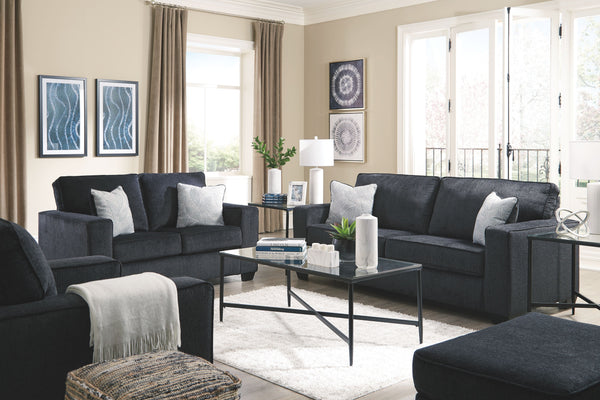 If style is the question, then this striking living room set is the answer. Rest assured, this set in richly neutral alloy is sure to play well with so many color schemes. <h4><b>Altari - Slate - Sofa</b></h4> <table width=-"100%-"><colgroup><col style=-"