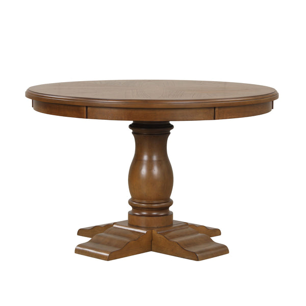 Meet the Sunset Dining Table, a statement maker in any home. Crafted with Rubberwood and Pine solids and Mindy veneers, this table is built to last. The clear Chestnut Brown finish highlights the natural beauty of the wood grain, adding an elegant touch t