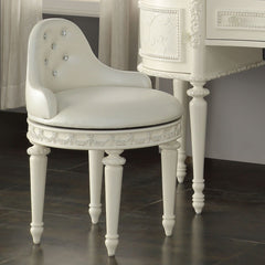 KD, Round Armless Chair (Low Backrest) Swivel Seat Crystal Like Button Tufted (Inside Backrest) Padded BACK & SEAT: Pearl White PU Cushion Wood Seat Apron with Ornamental Trim Wood Turned-Tapered Leg