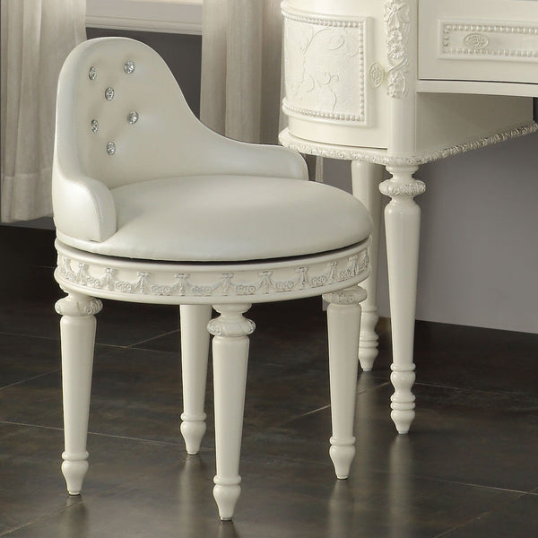KD, Round Armless Chair (Low Backrest) Swivel Seat Crystal Like Button Tufted (Inside Backrest) Padded BACK & SEAT: Pearl White PU Cushion Wood Seat Apron with Ornamental Trim Wood Turned-Tapered Leg