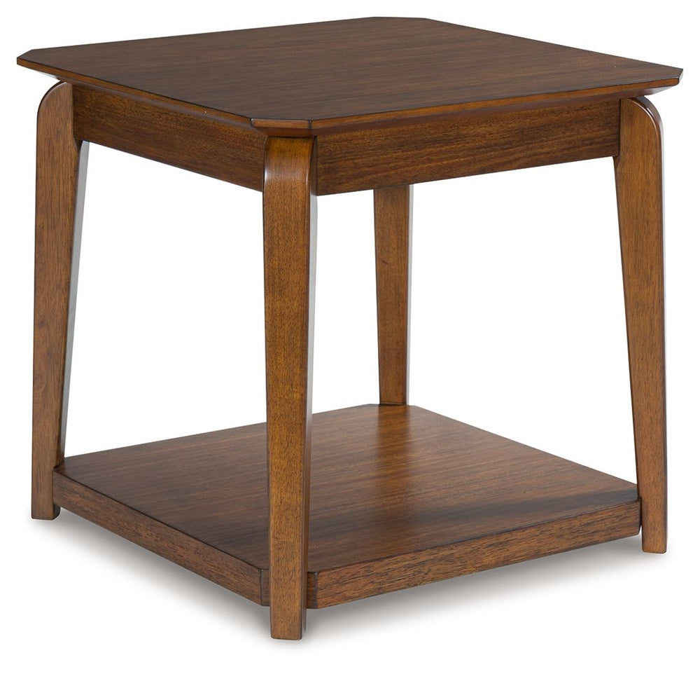 Create retro-inspired character in your living room with this end table. Warm and welcoming in a medium brown, its softly rounded top and tapered legs offer a mid-century appeal well-suited to styles from modern to eclectic. And with a lower shelf for dis