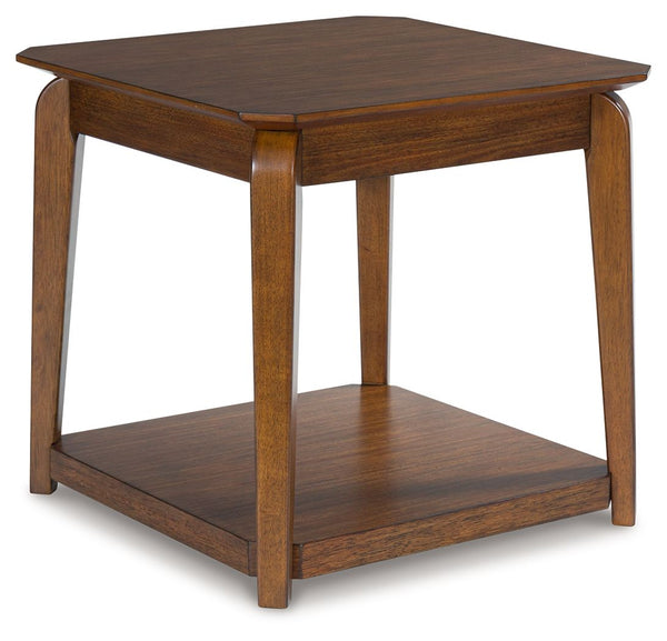 Create retro-inspired character in your living room with this end table. Warm and welcoming in a medium brown, its softly rounded top and tapered legs offer a mid-century appeal well-suited to styles from modern to eclectic. And with a lower shelf for dis