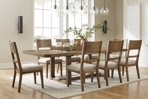 This dining room set sits comfortably at the intersection of modern lodge and farmhouse aesthetics. Your warm and welcoming disposition is reflected in its charming architectural elements and light brown glazed finish. Even with its poise, it remains prac