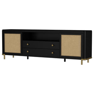  and rattan. A modern neutral finish and aged brass legs exude ti