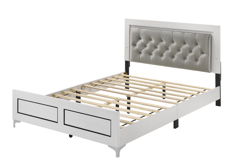 The Casilda bedroom collection will help you create the perfect retreat. In a white finish to easily style and works with various color schemes. Tying each piece together are the metal legs. The bed boasts a PU padded headboard with button tufting in a gr