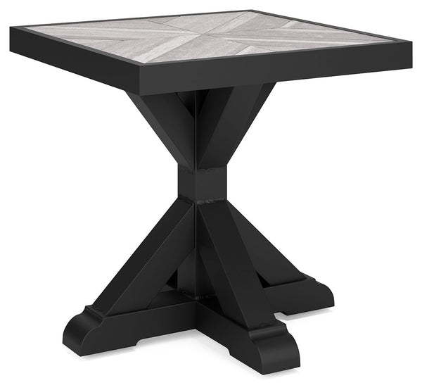  this high-style/low-maintenance table charms with X-leg farmhouse styling. With a unique reverse diamond ti