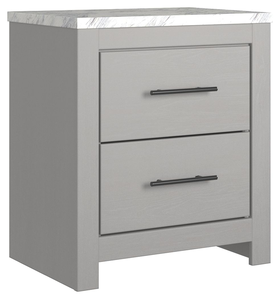 Cool, clean and casually modern. This nightstandâ€™s wispy dove gray finish and faux Calcutta marble top set the tone for your calming sanctuary. Large linear pulls add dimension and authenticity. Two smooth-gliding drawers neatly accommodate your bedside