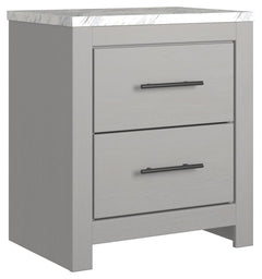 Cool, clean and casually modern. This nightstandâ€™s wispy dove gray finish and faux Calcutta marble top set the tone for your calming sanctuary. Large linear pulls add dimension and authenticity. Two smooth-gliding drawers neatly accommodate your bedside
