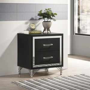 it boasts a bold black finish case that offers the perfect touch of depth with its chrome trim. A pair of long bar pulls decorate drawer fro