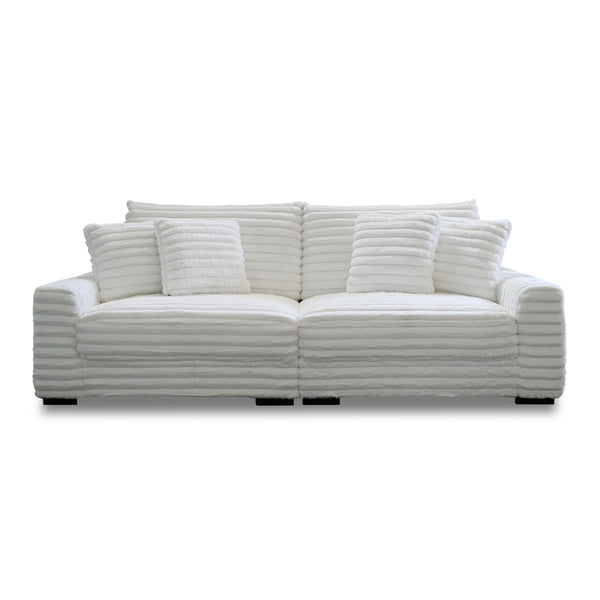 This two-piece Embrace sofa in white is designed to transform your living space into a haven of comfort and style. Made from 100% polyester fabric with a plush, blanket-like texture, it promises ultimate relaxation. The set includes a right arm facing cha