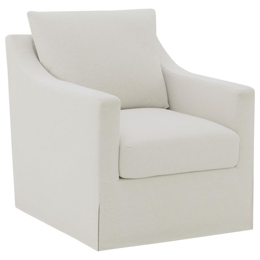 This swivel accent chair complements living room dÃ©cor with its neutral fabric and streamlined silhouette. Perfect as lounge seating or an occasional chair, it offers a gentle, 360-degree swivel for relaxed conversation or quiet reading. Its plush seat a