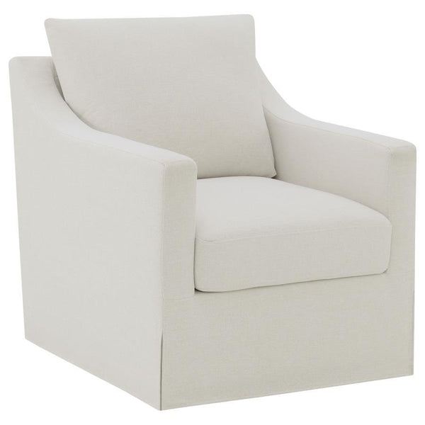 This swivel accent chair complements living room dÃ©cor with its neutral fabric and streamlined silhouette. Perfect as lounge seating or an occasional chair, it offers a gentle, 360-degree swivel for relaxed conversation or quiet reading. Its plush seat a