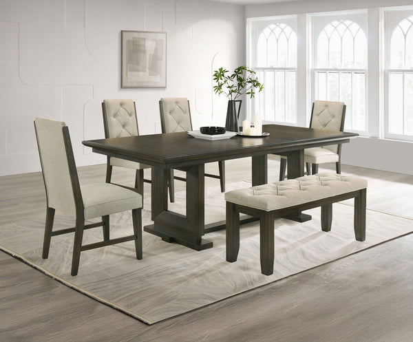 Bring a perfect blend of style and comfort to your dining space with this beautifully designed set. Featuring a sleek, dark-finished table with a sturdy trestle base, it provides a durable and inviting surface for everyday meals and gatherings. The uphols