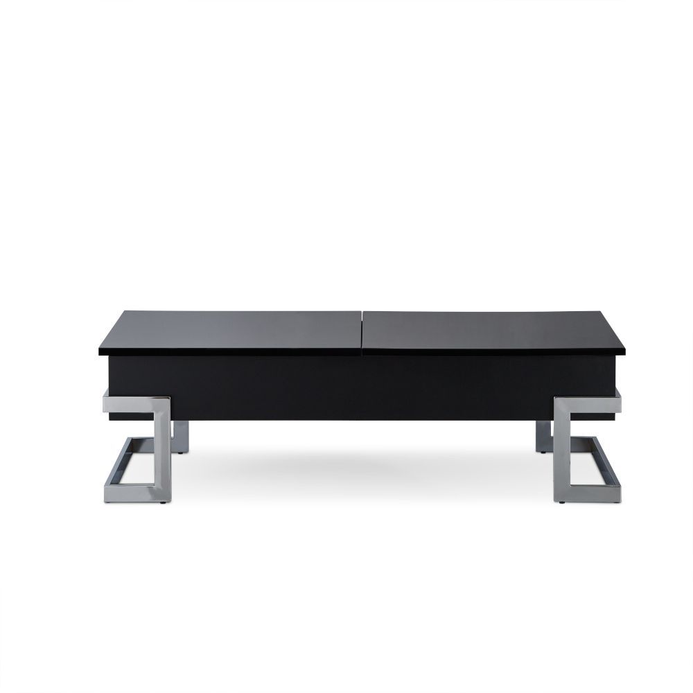 The Calnan coffee table has it all, good looks with its chrome modern legs exposed on the outside of a black box top. Full of surprises, like lift top tray and slide top storage with additional storage under the lift up tray. This table will ensure your l